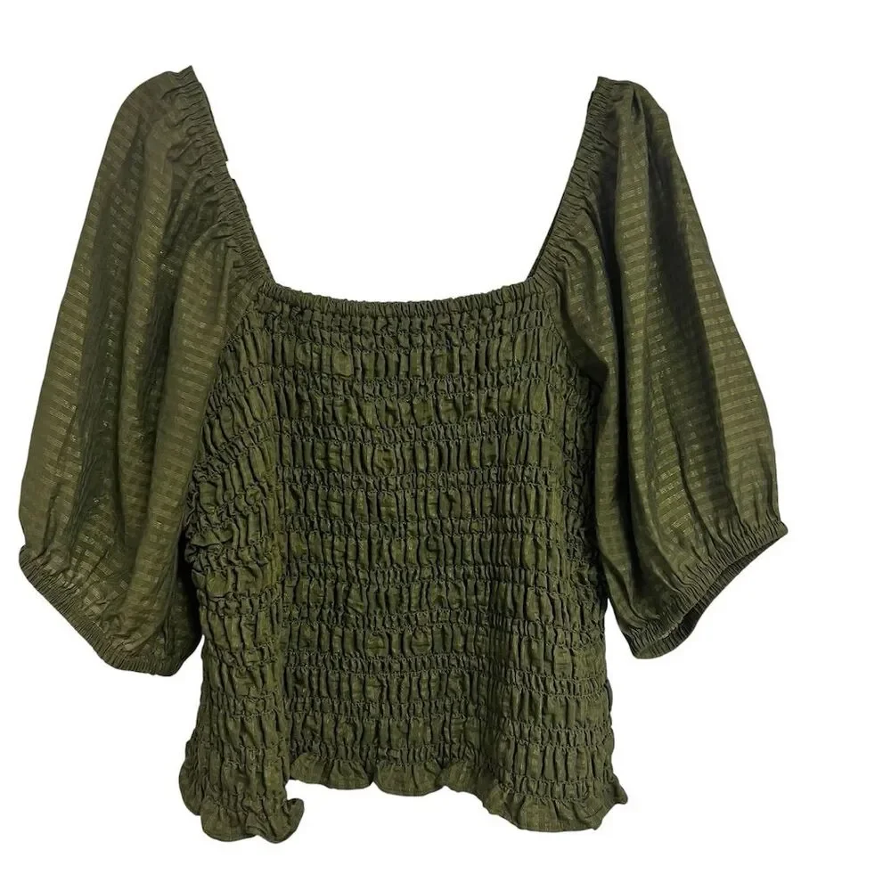 Old Navy Women's XL Olive Green Puff-Sleeve Smocked Blouse Casual